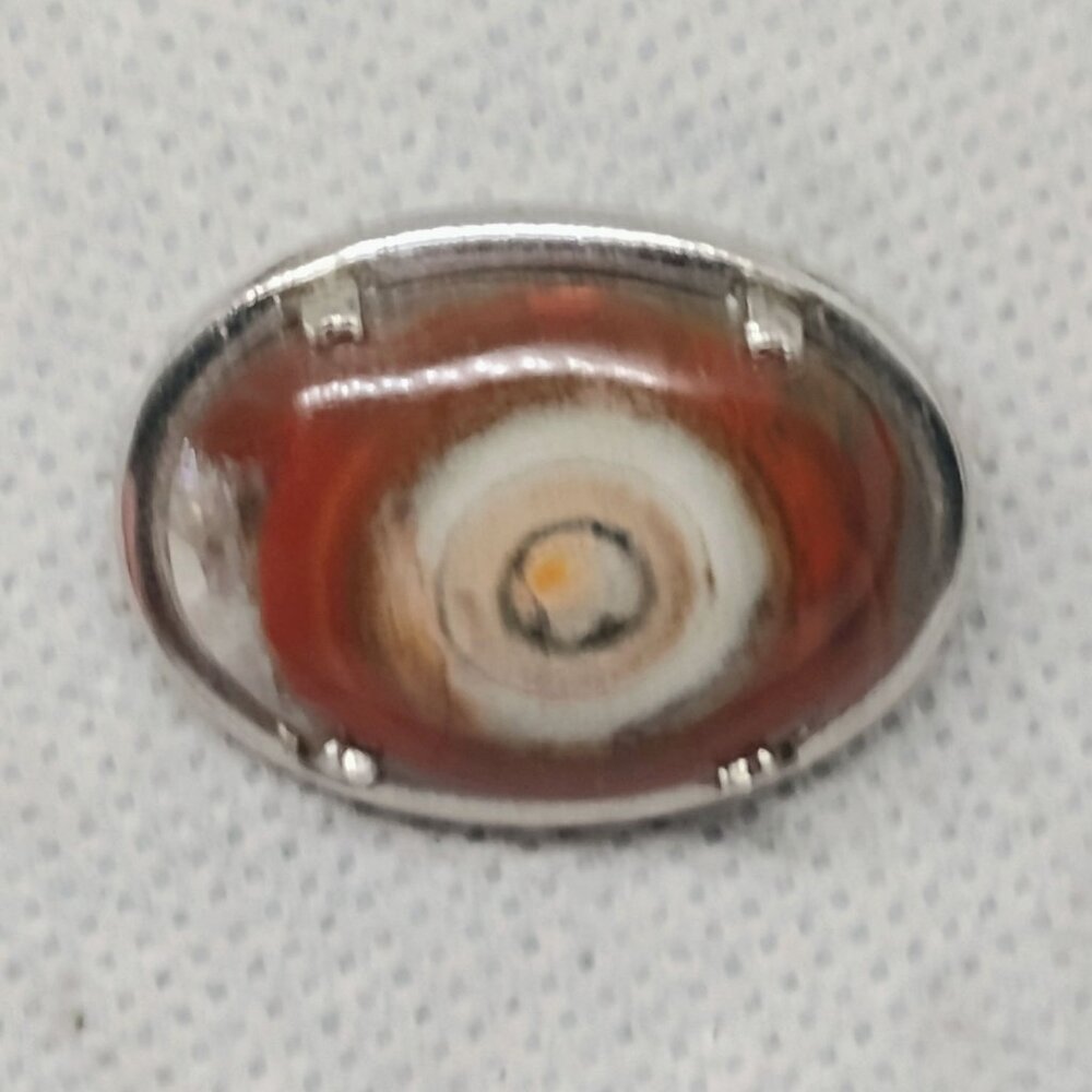 Vtg Bullseye Eye Agate Brooch Silver Tone Carnelian Orange Brown White Oval - Picture 2 of 8